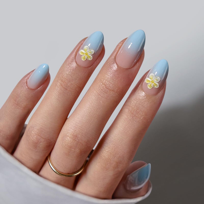 BTArtbox Press On Nails Short Ombre Flower Almond Press On Nails with Glue for Women Opaque Soft Gel Glue On Nails in 16 Sizes  32 Stick On Nails Kit Garden Party